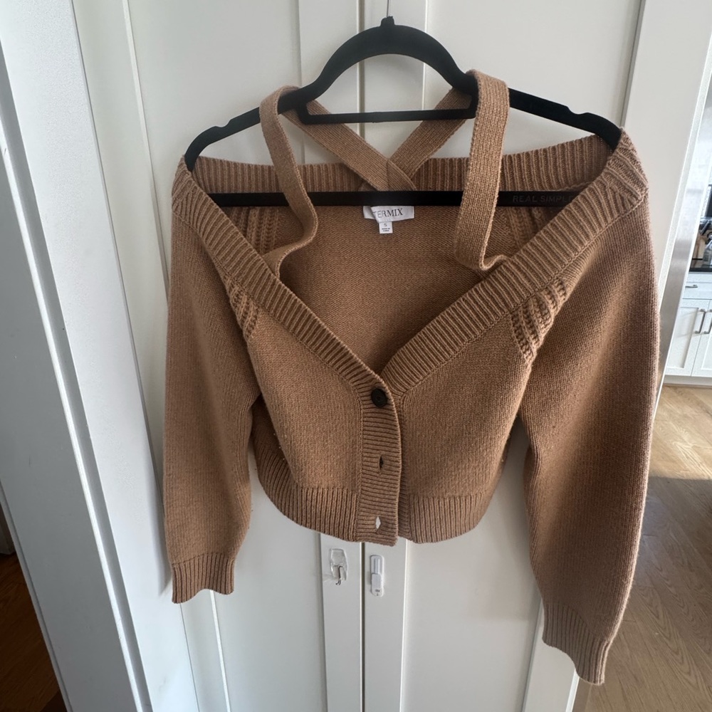 INTERMIX cropped Camel Off-the-Shoulder Sweater